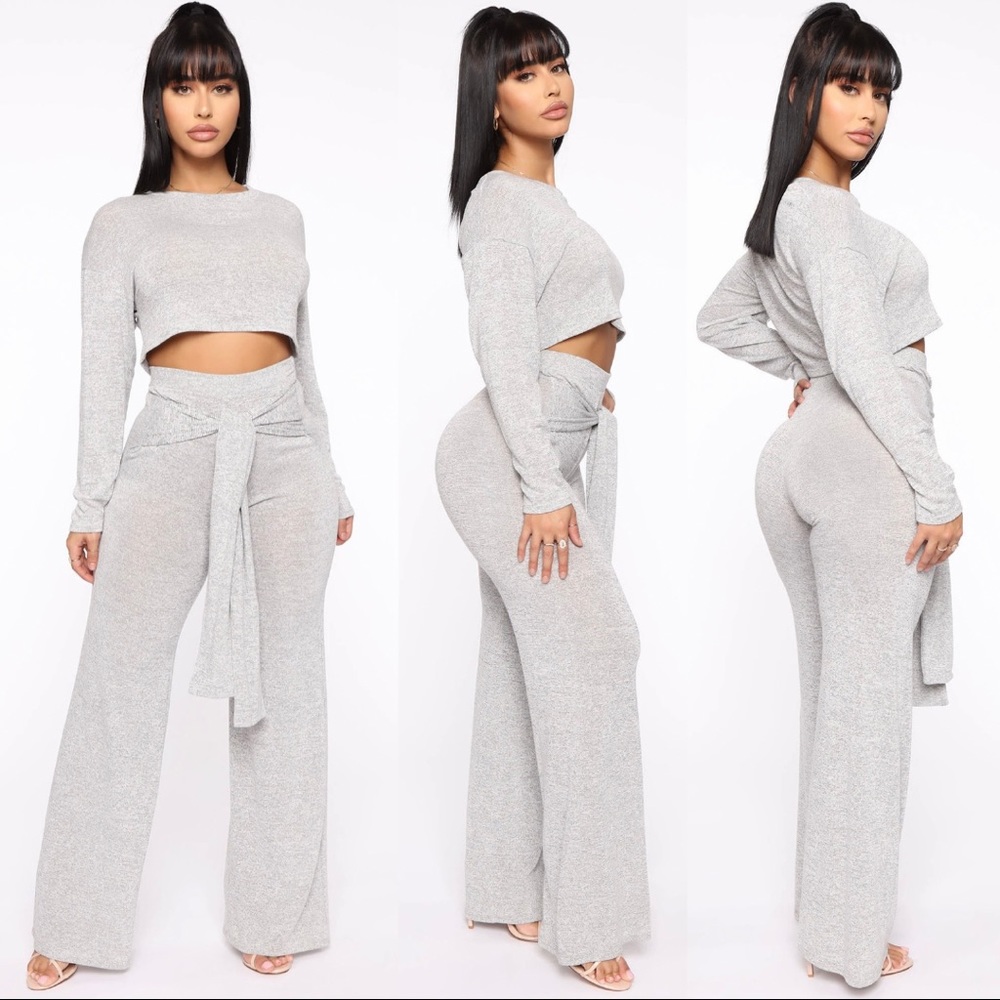 Matching Crop Top & Pants Set - Heather Grey - XS